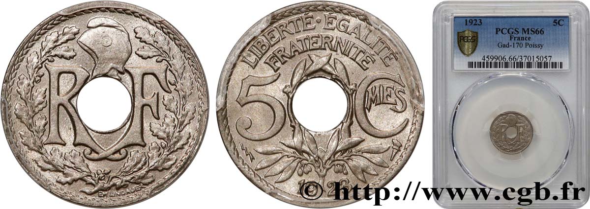 5 centimes Lindauer, petit module 1923 Poissy F.122/7 FDC66 PCGS