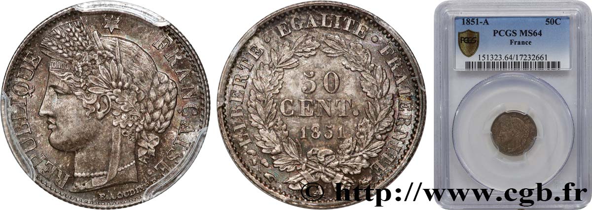 50 centimes Cérès, IIe République 1851 Paris F.184/5 MS64 PCGS
