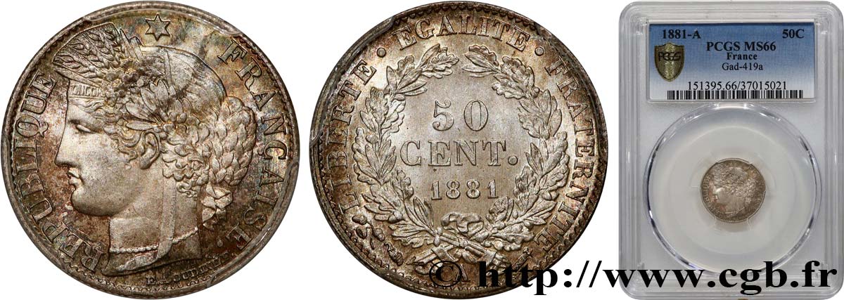 50 centimes Cérès, Troisième République 1881 Paris F.189/9 FDC66 PCGS