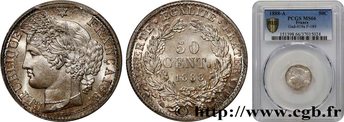 50 centimes Cérès, Troisième République 1888 Paris F.189/13 MS66 PCGS