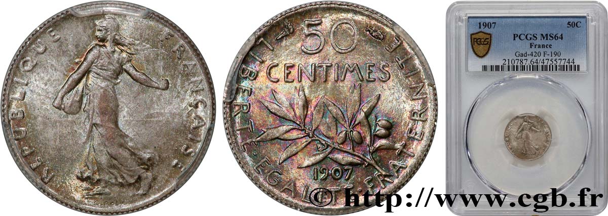 50 centimes Semeuse 1907 Paris F.190/14 SPL64 PCGS