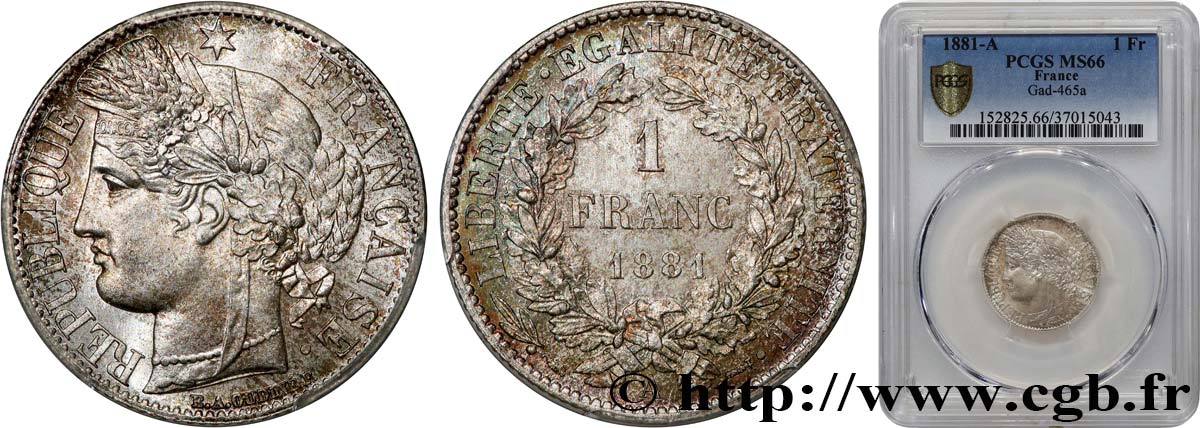1 franc Cérès, Troisième République 1881 Paris F.216/8 MS66 PCGS