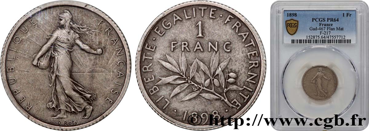 1 franc Semeuse, flan mat, vieil argent 1898 Paris F.217/2 MS64 PCGS