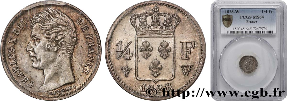 1/4 franc Charles X 1828 Lille F.164/28 SPL64 PCGS