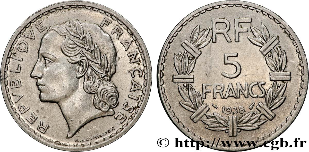 5 francs Lavrillier, nickel 1938  F.336/7 SUP 