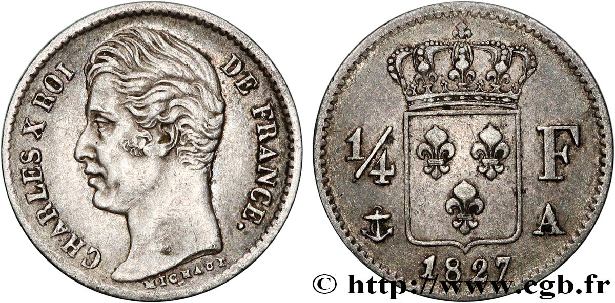 1/4 franc Charles X 1827 Paris F.164/10 SUP 