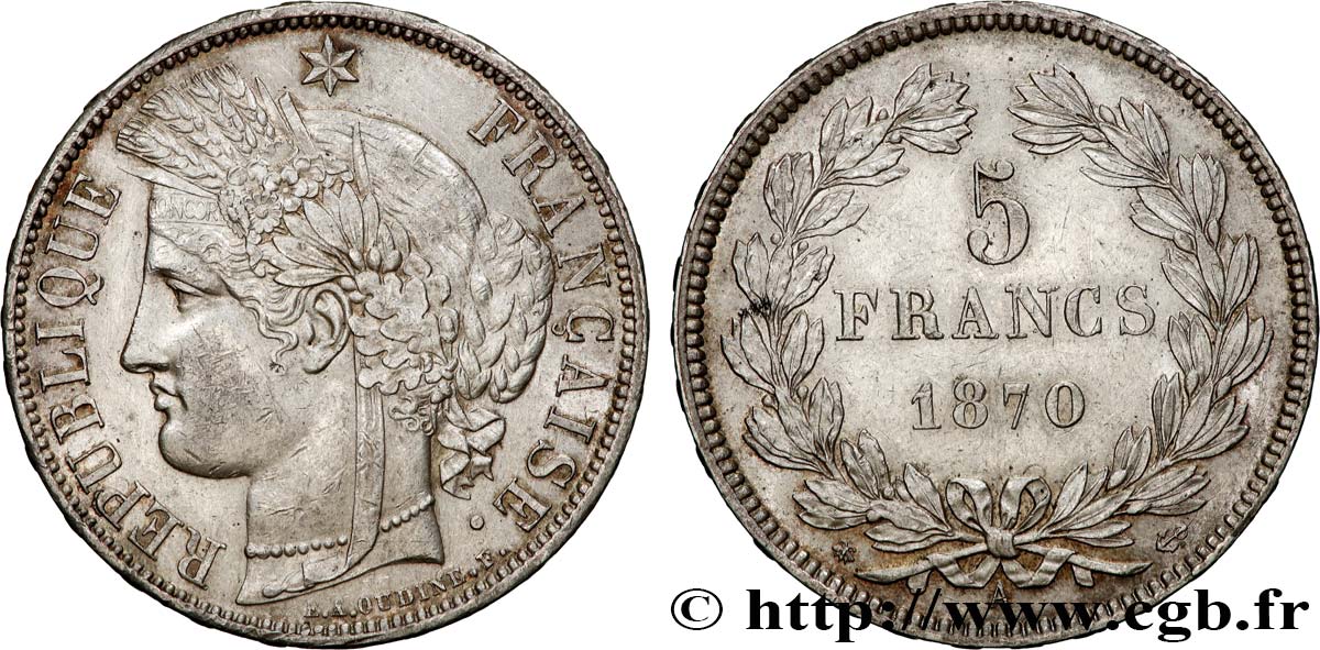 5 francs Cérès, sans légende 1870 Paris F.332/1 TTB+ 