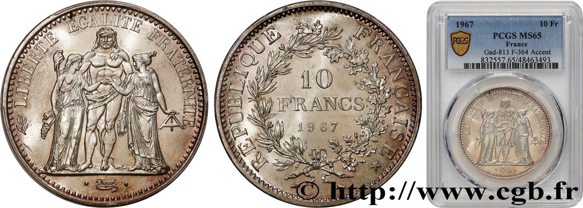10 francs Hercule, accent/point sur le E de REPUBLIQUE 1967  F.364/6 MS65 PCGS