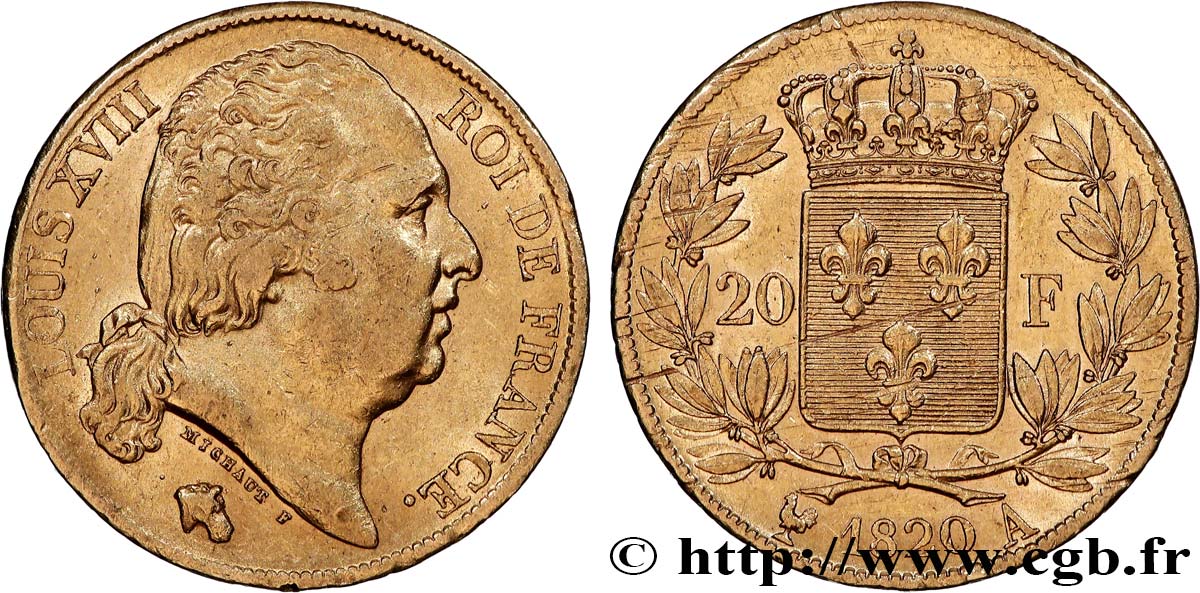 20 francs or Louis XVIII, tête nue 1820 Paris F.519/19 TTB 