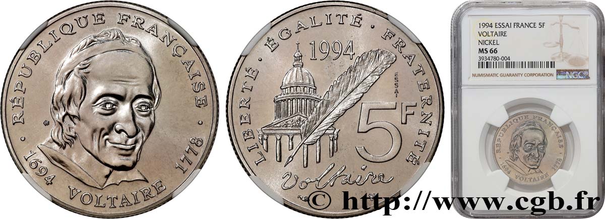Essai de 5 francs Voltaire 1994 Pessac F.344/1 FDC66 NGC