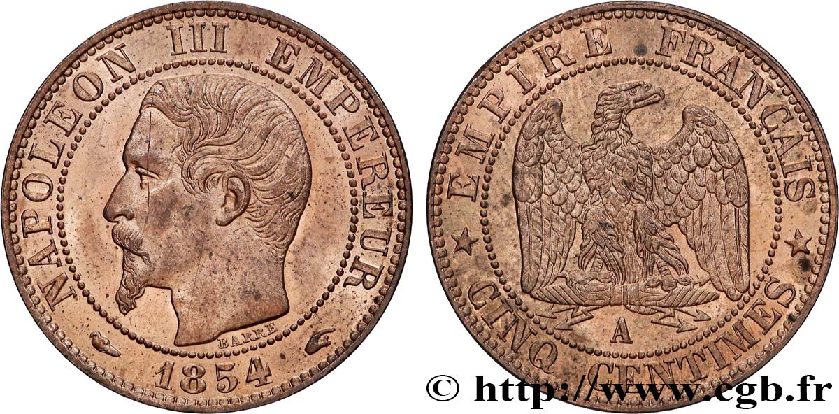 Cinq centimes Napoléon III, tête nue 1854 Paris F.116/8 SUP62 