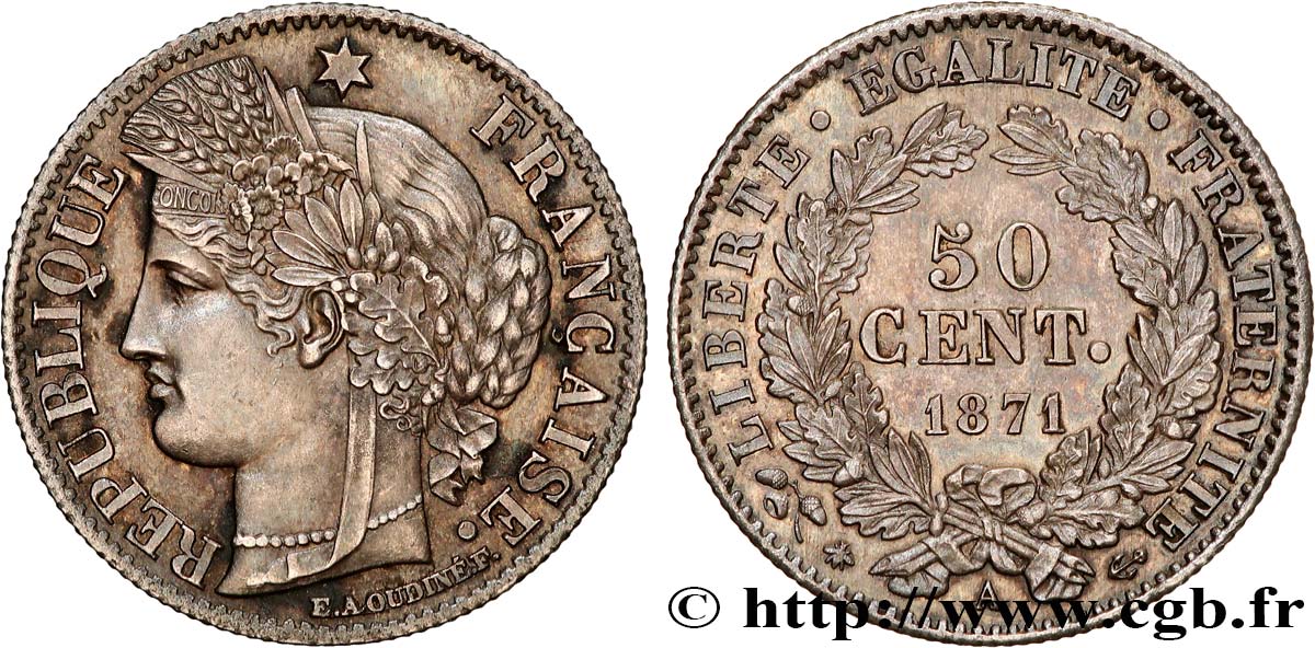 50 centimes Cérès, Troisième République 1871 Paris F.189/1 TTB+ 