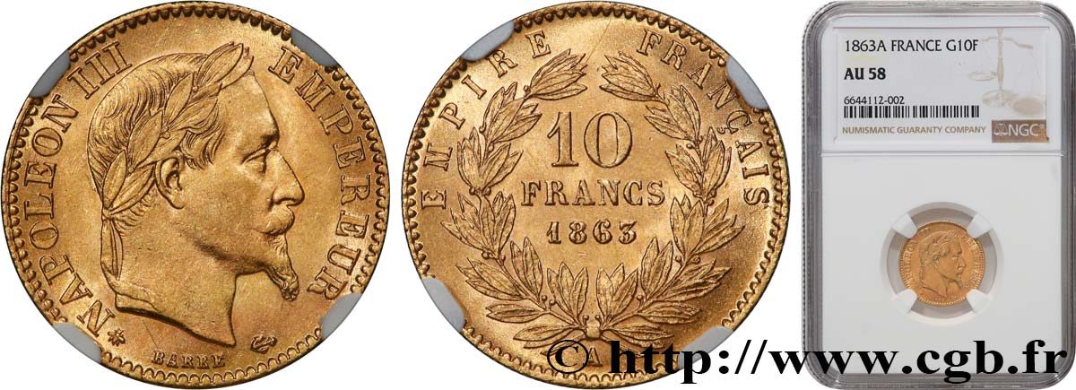 10 francs or Napoléon III, tête laurée 1863 Paris F.507A/3 VZ58 NGC