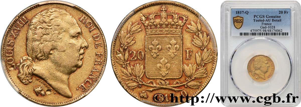 20 francs or Louis XVIII, tête nue 1817 Perpignan F.519/8 MBC+ PCGS