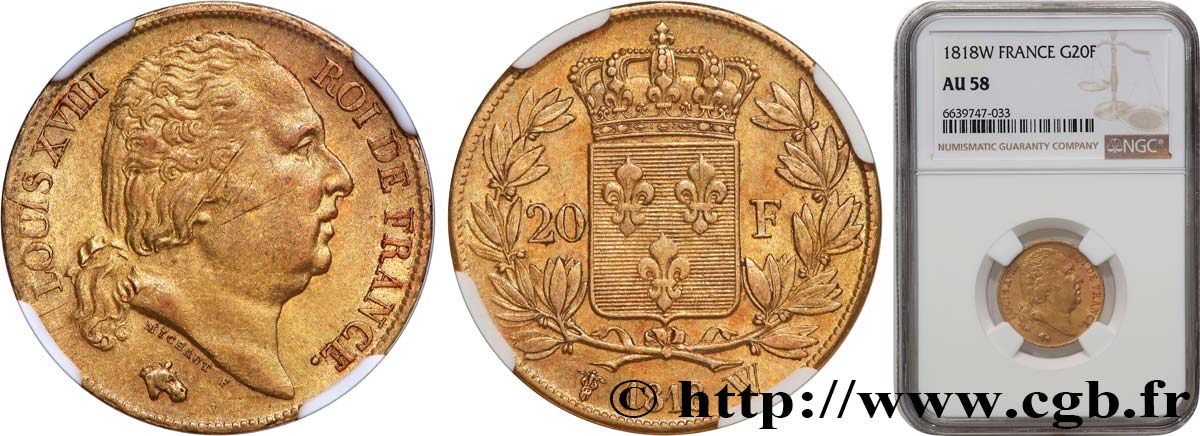 20 francs or Louis XVIII, tête nue 1818 Lille F.519/14 AU58 NGC