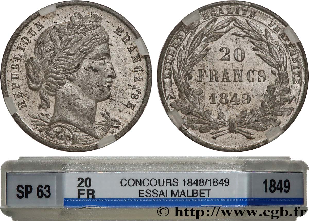 Concours de 20 francs, essai en étain attribué à Malbet 1849  VG.3029 var MS63 GENI