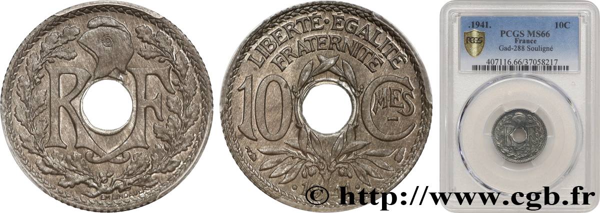 10 centimes Lindauer en zinc, Cmes souligné et millésime avec points 1941  F.140/2 MS66 PCGS