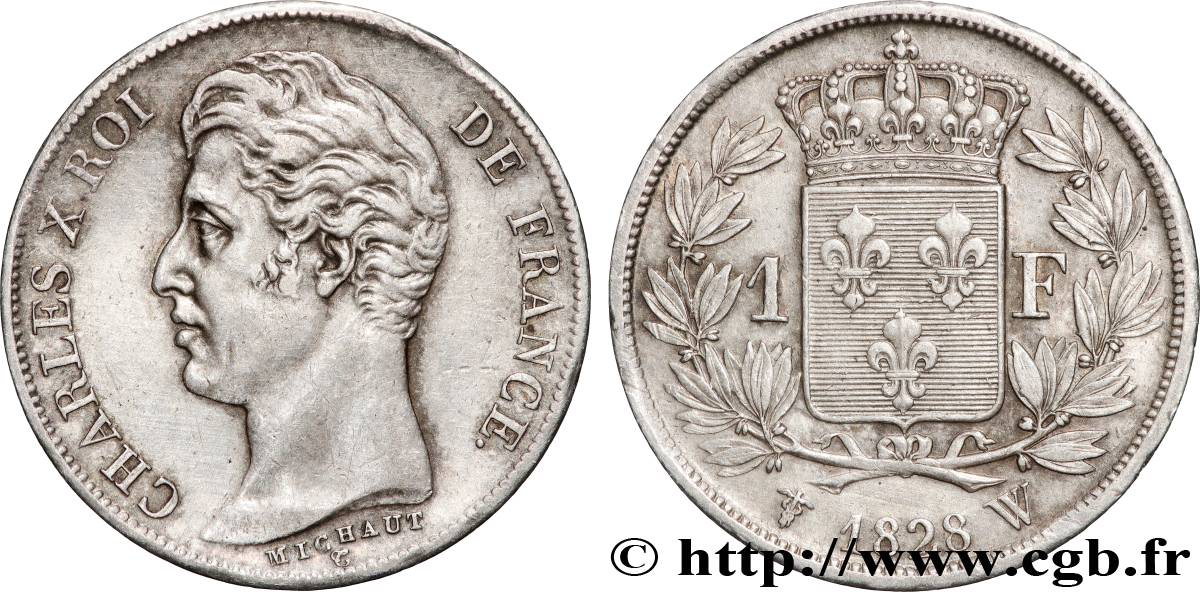 1 franc Charles X, matrice du revers à cinq feuilles 1828 Lille F.207/48 TTB+ 