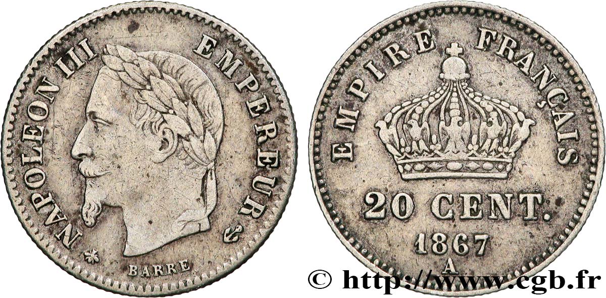 20 centimes Napoléon III, tête laurée, grand module 1867 Paris F.150/1 SS 