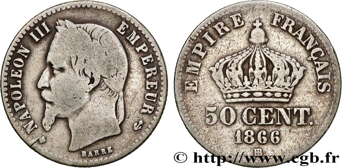 50 centimes Napoléon III, tête laurée 1866 Strasbourg F.188/10 B 