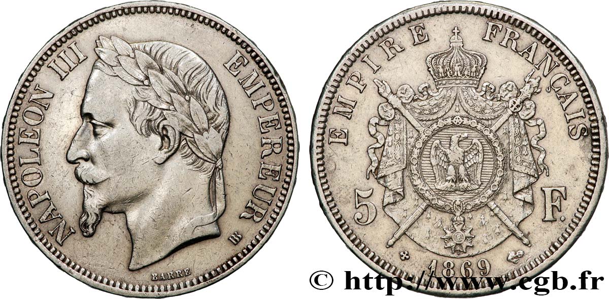5 francs Napoléon III, tête laurée 1869 Strasbourg F.331/15 TTB 