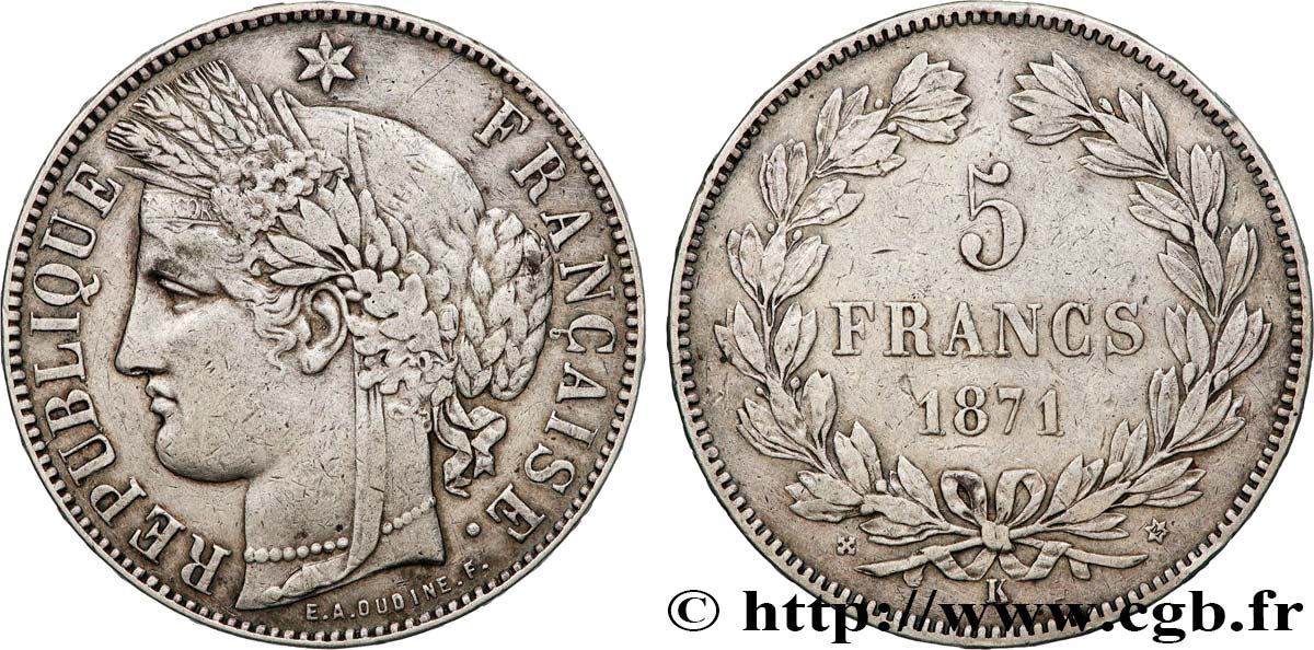 5 francs Cérès, sans légende 1871 Bordeaux F.332/8 XF 