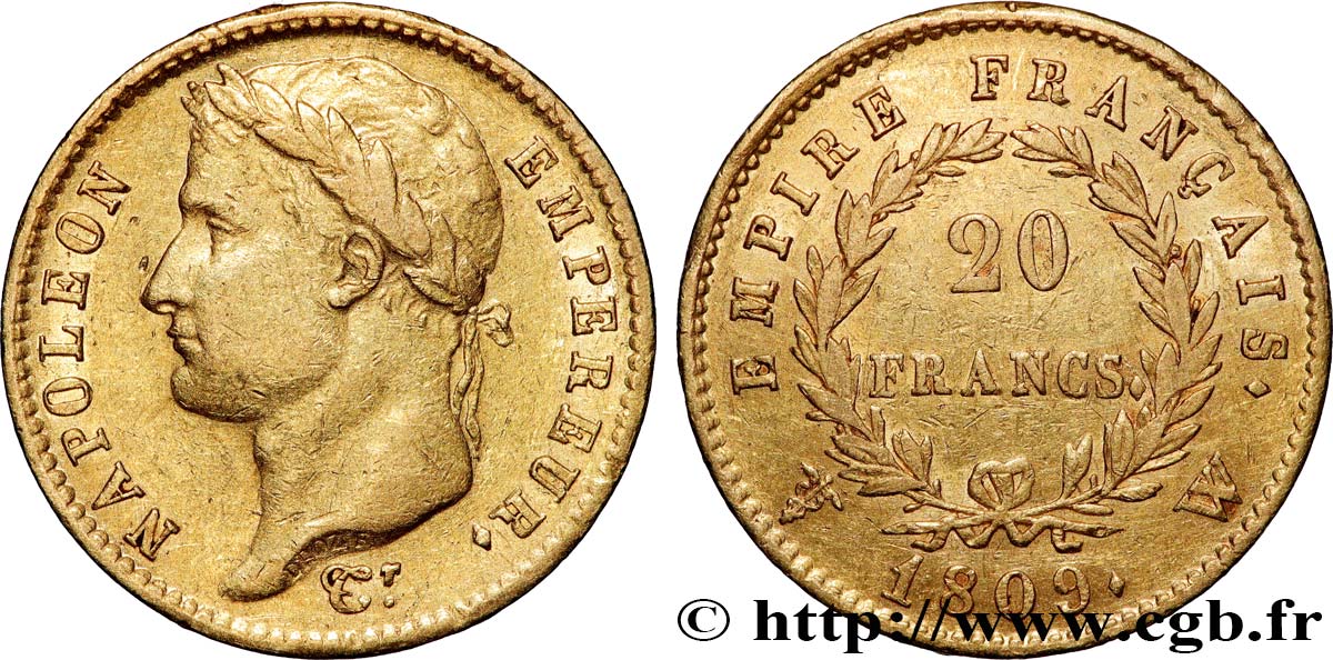 20 francs or Napoléon Ier tête laurée, Empire français 1809 Lille F.516/7 BB 