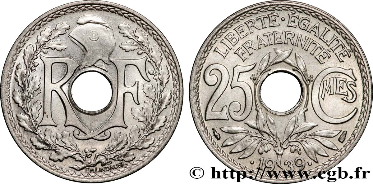25 centimes Lindauer, maillechort 1939  F.172/3 MS65 