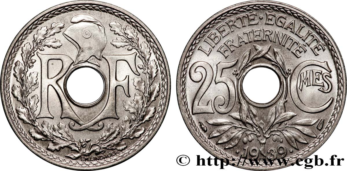 25 centimes Lindauer, maillechort 1939  F.172/3 MS65 