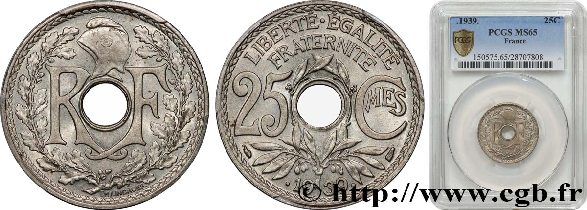 25 centimes Lindauer, maillechort 1939  F.172/3 FDC65 PCGS