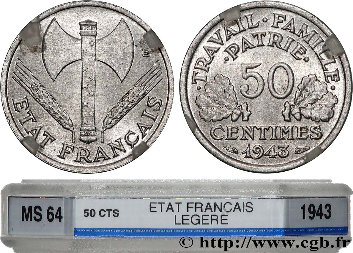 50 centimes Francisque, légère 1943  F.196/2 MS64 GENI