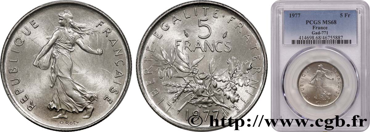 5 francs Semeuse, nickel 1977 Pessac F.341/9 MS68 PCGS