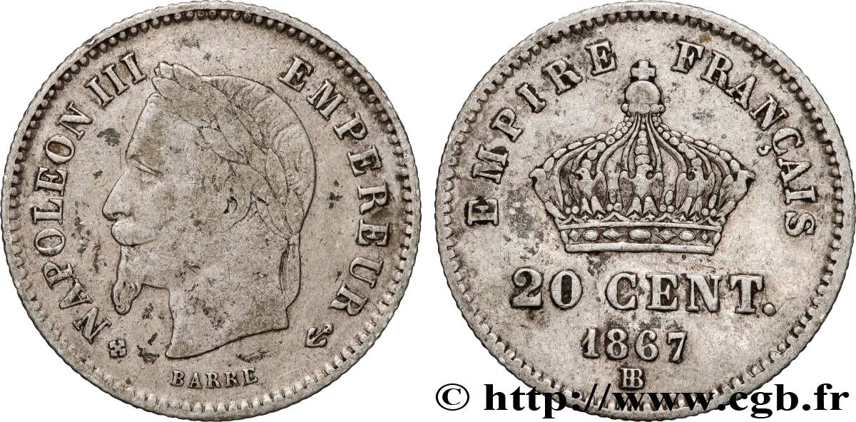 20 centimes Napoléon III, tête laurée, grand module 1867 Strasbourg F.150/2 TB 