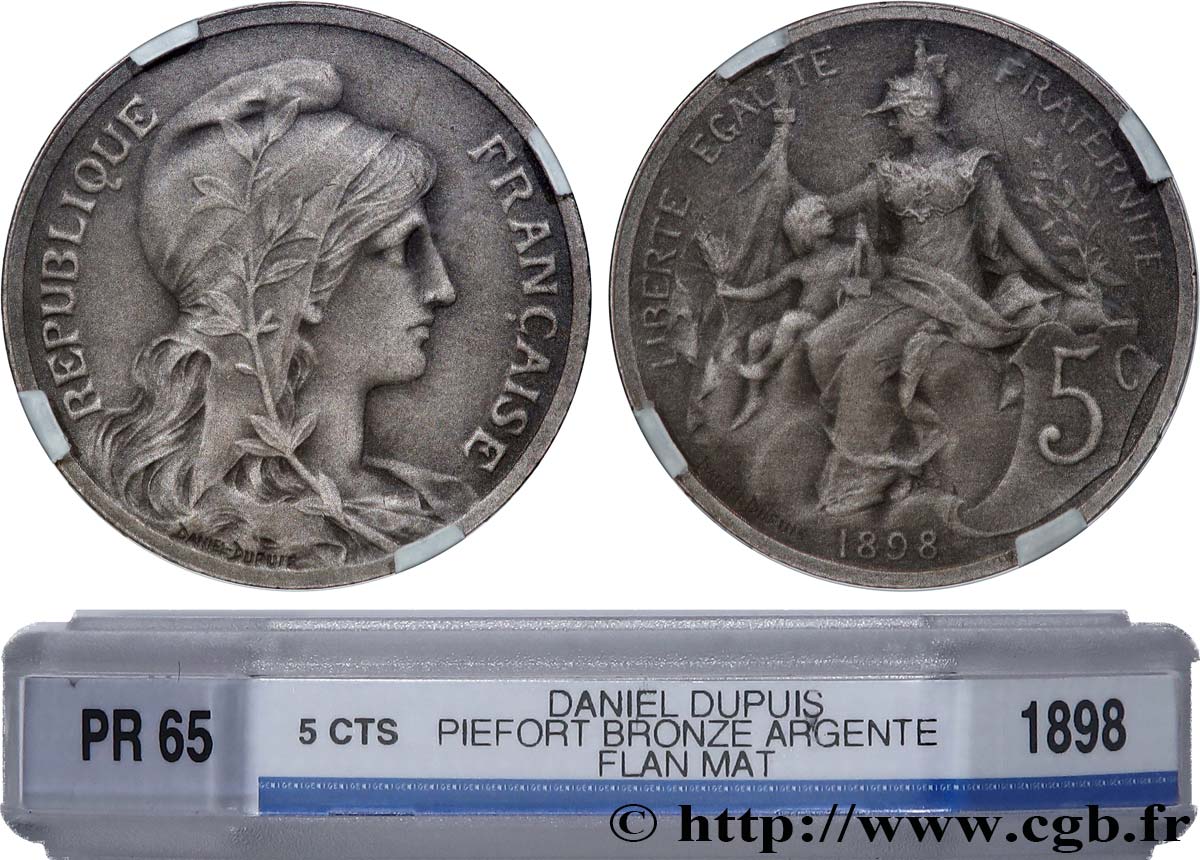 Piéfort en Bronze Argenté de 5 centimes Daniel-Dupuis, sans le mot essai, flan mat 1898  GEM.14 P2 FDC65 GENI