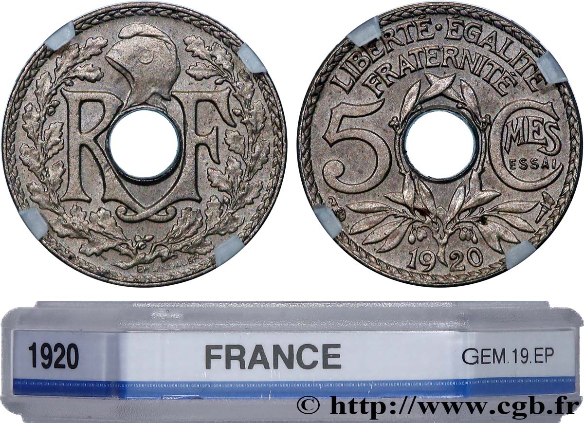 Essai-piéfort de 5 centimes Lindauer en cupro-nickel 1920 Paris GEM.19 EP SPL64 GENI