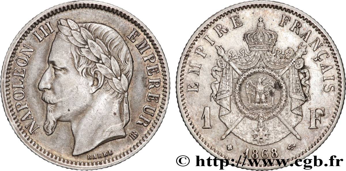 1 franc Napoléon III, tête laurée, Grand BB 1868 Strasbourg F.215/12 XF 