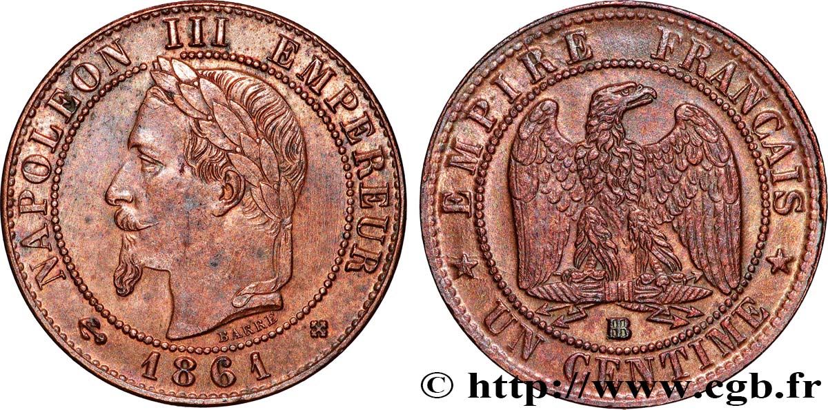Un centime Napoléon III, tête laurée 1861 Strasbourg F.103/2 SUP 