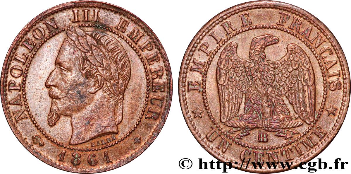 Un centime Napoléon III, tête laurée 1861 Strasbourg F.103/2 SUP 