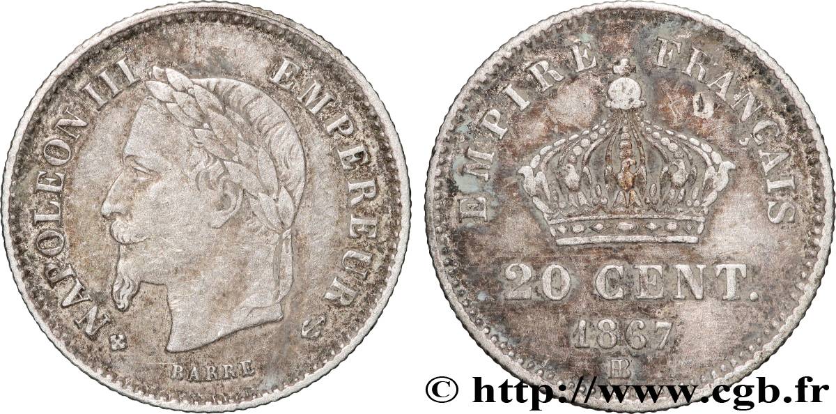 20 centimes Napoléon III, tête laurée, grand module 1867 Strasbourg F.150/2 VF 