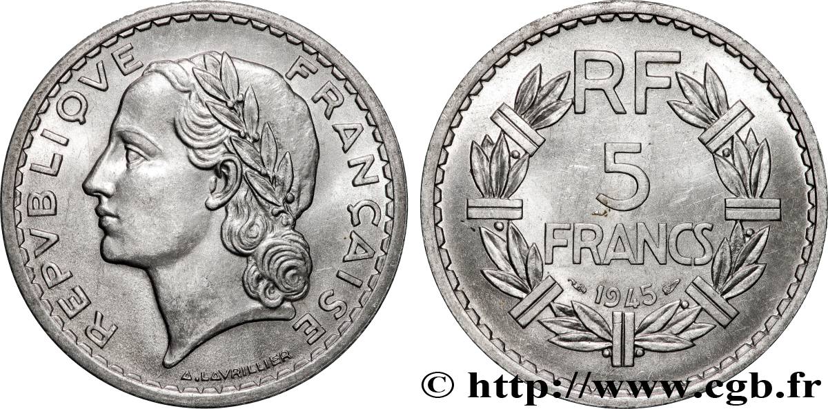 5 francs Lavrillier, aluminium, 9 ouvert 1945  F.339/3 SPL63 