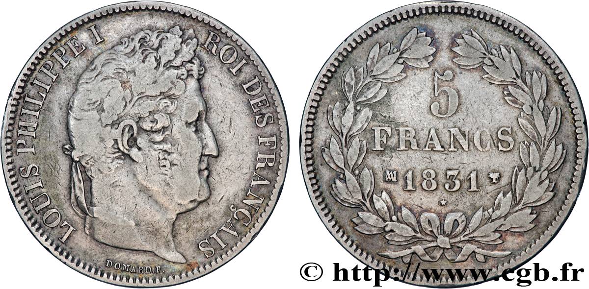 5 francs Ier type Domard, tranche en creux 1831 Marseille F.319/6 VF 