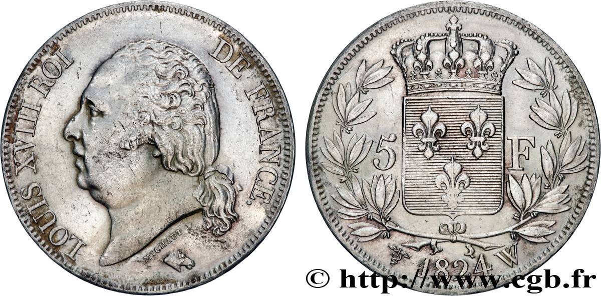 5 francs Louis XVIII, tête nue 1824 Lille F.309/98 AU 