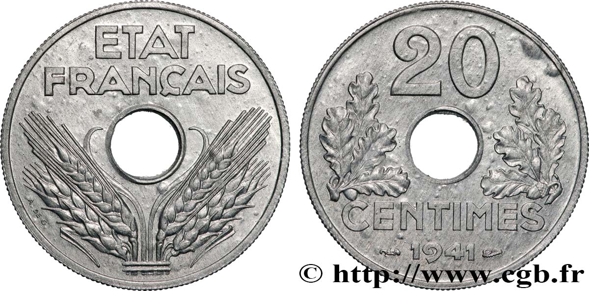 20 centimes État français, lourde 1941  F.153/2 MS64 