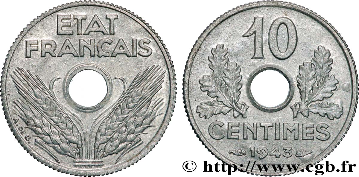 10 centimes État français, petit module 1943  F.142/2 MS64 