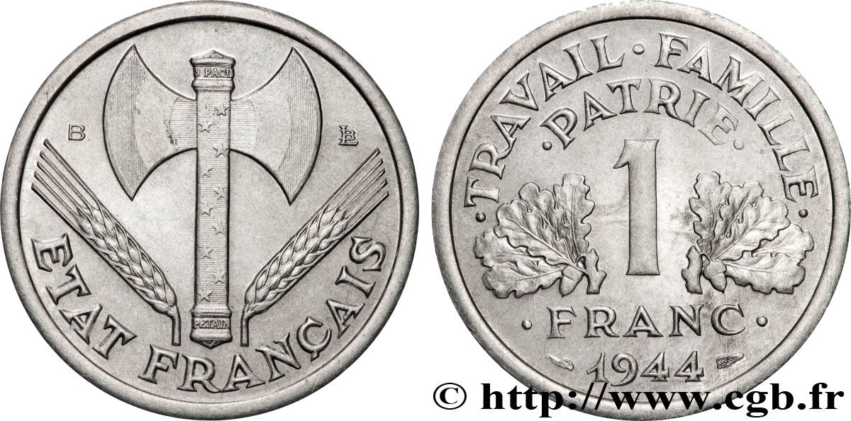 1 franc Francisque, légère 1944 Beaumont-Le-Roger F.223/6 VZ61 