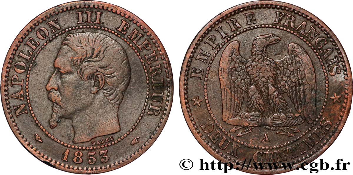 Deux centimes Napoléon III, tête nue 1853 Paris F.107/1 XF 