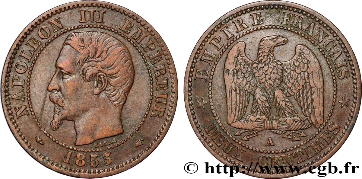 Deux centimes Napoléon III, tête nue 1853 Paris F.107/1 XF 