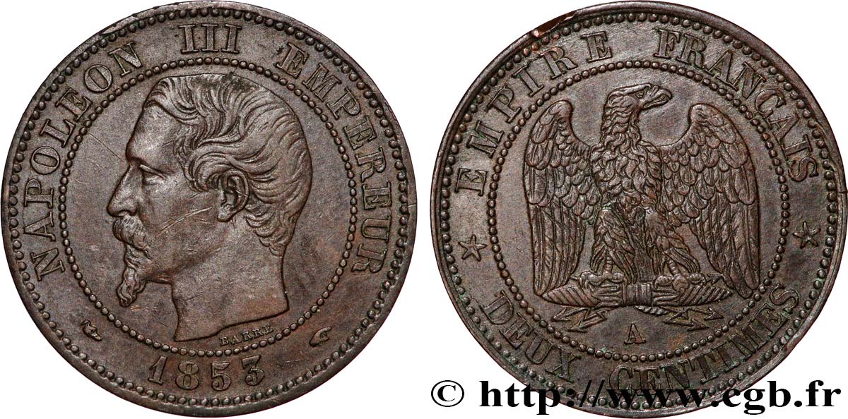 Deux centimes Napoléon III, tête nue 1853 Paris F.107/1 AU 