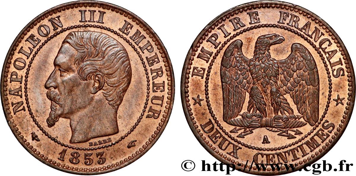 Deux centimes Napoléon III, tête nue 1853 Paris F.107/1 MS 