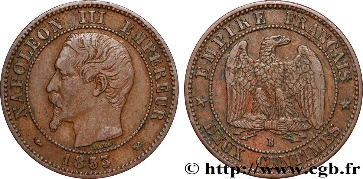 Deux centimes Napoléon III, tête nue 1853 Rouen F.107/2 VF 